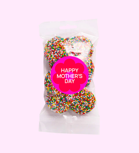 Creamy premium Belgian white chocolate topped with colourful sprinkles, especially designed with Happy Mother's Day sticker - a sweet and cheerful Mother’s Day gift she’ll love.