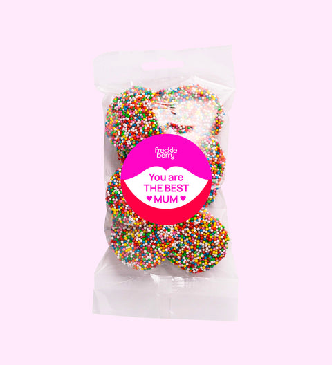 Creamy premium Belgian white chocolate topped with colourful sprinkles, especially designed with You are the Best Mum sticker - a sweet and cheerful Mother’s Day gift she’ll love.