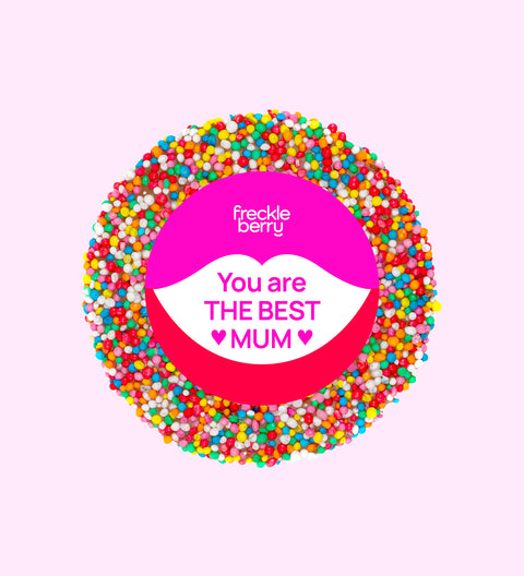 Creamy Belgian chocolate (available in 3 variants - dark, milk or white) topped with colourful sprinkles, personalised with “You are the Best Mum” design/label for a heartfelt gift.