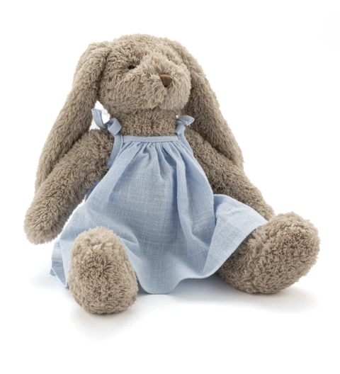 Stuffed bunny toy with a pink dress. Gifts for Easter, baby shower, babies, kids. 
