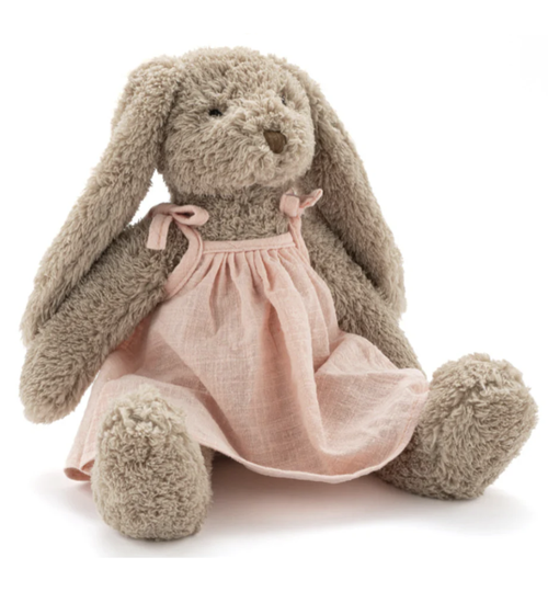 Stuffed bunny toy with a pink dress. Gifts for Easter, baby shower, babies, kids. 