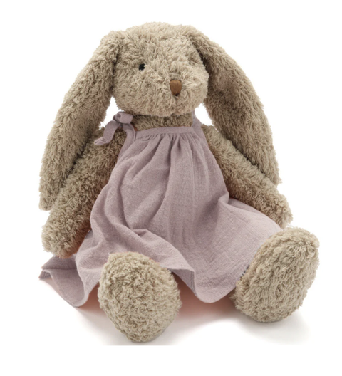 Stuffed bunny toy with a pink dress. Gifts for Easter, baby shower, babies, kids. 