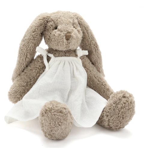 Stuffed bunny toy with a pink dress. Gifts for Easter, baby shower, babies, kids. 