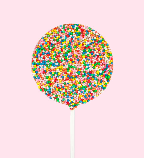 Plain premium Belgian chocolate (available in 3 variants - dark, milk or white) pops covered in colourful sprinkles without label - a cheerful and tasty festive gift.