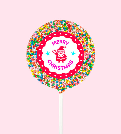 Premium Belgian chocolate (available in 3 variants - dark, milk or white) pops covered in colourful sprinkles with "Merry Christmas - Santa" design/label, a cheerful and tasty festive gift.