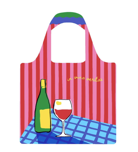Striped tote bag with wine bottle and glass design on a white background. My Shout Reusable Shopping Bag.