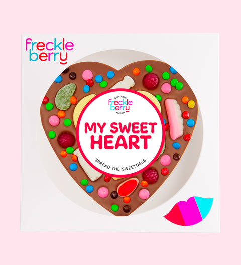 Premium giant creamy Belgian milk chocolate heart topped with lollies with "My Sweet Heart" design/label -  perfect for sharing love with a fun, sweet treat.