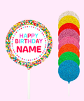 Premium Belgian chocolate round Happy Birthday Freckle Pop — a fun, colourful chocolate treat customised with a name, perfect for birthday celebrations.