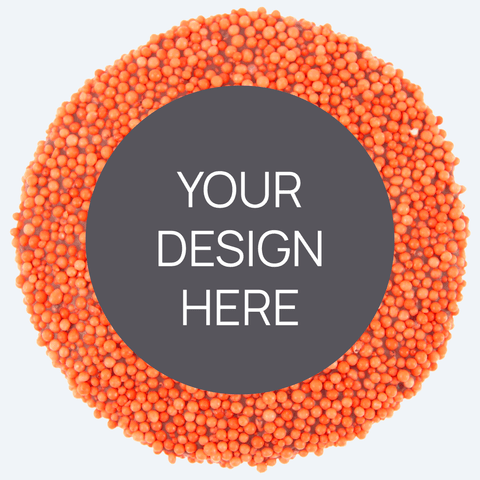 A custom product featuring a single round confectionery item with a colorful sprinkled border and a blank space in the center for a custom label, displayed alongside a selection of other colored sprinkles.