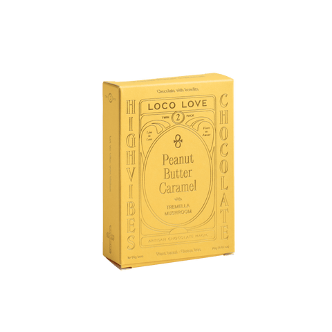 Yellow chocolate bar packaging with 'Loco Love' branding on a white background