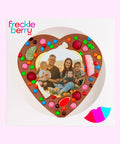Premium Belgian chocolate heart pizza (available in 3 variants - dark, milk or white) topped with colourful lollies, customised with your uploaded image for a fun and unique gift.