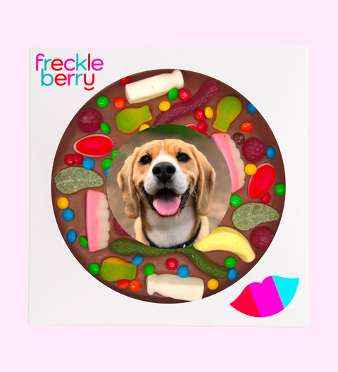 Premium Belgian chocolate pizza (available in 3 variants - dark, milk or white) topped with colourful lollies, customised with your uploaded image for a fun and unique gift.