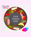 Premium Belgian milk chocolate pizza topped with colourful lollies, customised with your uploaded image for a fun and unique gift.