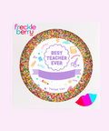 Creamy Belgian giant milk chocolate topped with colourful sprinkles with purple Best Teacher Ever sticker, perfect to celebrate teacher's day.