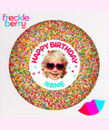 Creamy Belgian dark chocolate with freckles/sprinkles, customised with a photo and name for a memorable birthday gift