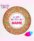 Creamy Belgian milk chocolate with sprinkles, customised with a name for a special birthday celebration.