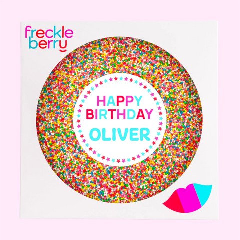Creamy premium Belgian chocolate (avaialble in 3 variants - dark, white, or milk) topped with colourful sprinkles, customised with a name for a special celebration.
