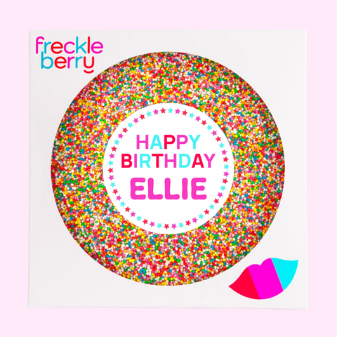 Creamy premium Belgian chocolate (avaialble in 3 variants - dark, white, or milk) topped with colourful sprinkles, customised with a name for a special celebration.