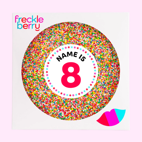 Creamy premium giant Belgian chocolate (available in 3 variants - dark, milk or white) topped with sprinkles, customised with name and age for a special celebration.