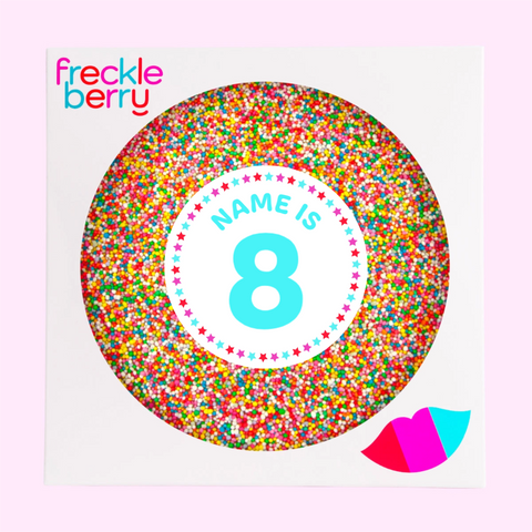 Creamy premium giant Belgian chocolate (available in 3 variants - dark, milk or white) topped with sprinkles, customised with name and age for a special celebration.