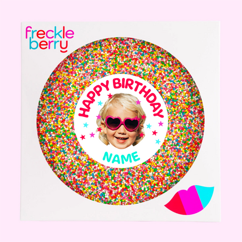 Premium giant Belgian chocolate (available in 3 variants - dark, milk or white) topped with colourful multi sprinkles, customised with photo upload and name for a personalised and memorable birthday gift or celebration.