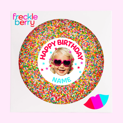 Premium giant Belgian chocolate (available in 3 variants - dark, milk or white) topped with colourful multi sprinkles, customised with photo upload and name for a personalised and memorable birthday gift or celebration.