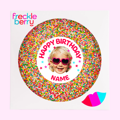 Premium giant Belgian chocolate (available in 3 variants - dark, milk or white) topped with colourful multi sprinkles, customised with photo upload and name for a personalised and memorable birthday gift or celebration.