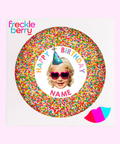 Creamy Belgian milk chocolate with sprinkles, customised with your picture and name for a memorable birthday gift.