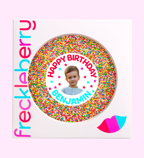 Creamy giant premium Belgian chocolate (available in 3 variants - dark, milk or white) topped with sprinkles, customised with your picture and name for a memorable birthday gift.