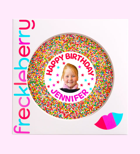 Creamy giant premium Belgian chocolate (available in 3 variants - dark, milk or white) topped with sprinkles, customised with your picture and name for a memorable birthday gift.