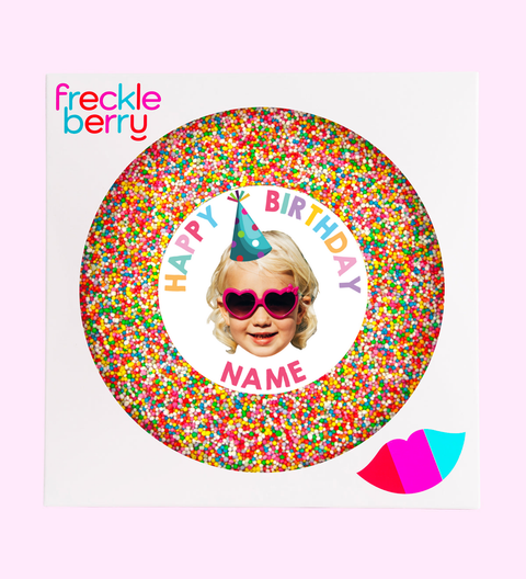 Creamy giant premium Belgian chocolate (available in 3 variants - dark, milk or white) topped with sprinkles, customised with your picture and name for a memorable birthday gift.