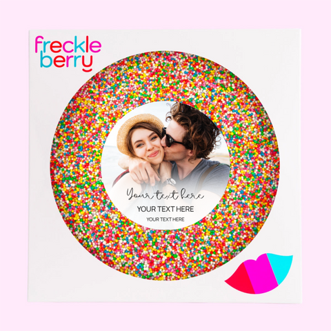 Premium giant Belgian chocolate (available in 3 variants - dark, milk or white) covered in sprinkles, customised with your wedding design for a memorable favour.