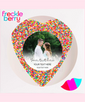 Premium Belgian white chocolate covered in freckles, customised with your wedding design for a memorable favour.