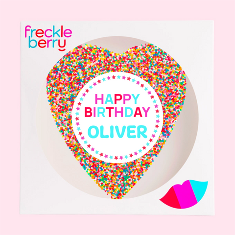 Premium Belgian chocolate heart (available in 3 variants - dark, milk or white) topped with colourful sprinkles, customised with a name for a special birthday celebration.