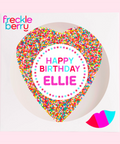 Premium Belgian chocolate heart (available in 3 variants - dark, milk or white) topped with colourful sprinkles, customised with a name for a special birthday celebration.