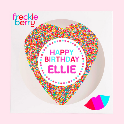 Premium Belgian chocolate heart (available in 3 variants - dark, milk or white) topped with colourful sprinkles, customised with a name for a special birthday celebration.