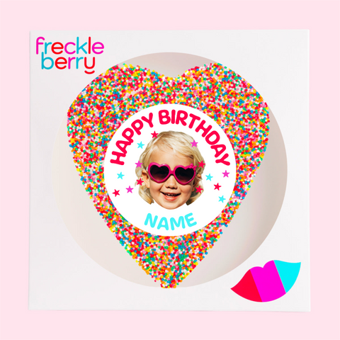 Premium giant Belgian chocolate heart (available in 3 variants - dark, milk or white) topped with colourful multi sprinkles, customised with photo upload and name for a personalised and memorable birthday gift.