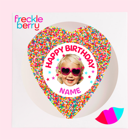 Premium giant Belgian chocolate heart (available in 3 variants - dark, milk or white) topped with colourful multi sprinkles, customised with photo upload and name for a personalised and memorable birthday gift.
