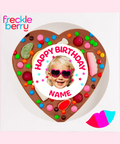 Belgian milk chocolate heart topped with lollies and candies, customised with a photo and name for the perfect celebration.