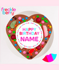 Belgian milk chocolate heart topped with lollies, customised with a name for the perfect birthday celebration