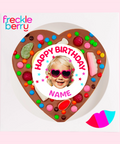Belgian milk chocolate heart topped with lollies, customised with a photo and name for the perfect celebration.