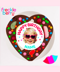 Premiujm Belgian dark chocolate heart topped with lollies, customised with a photo and name for the perfect birthday celebration.