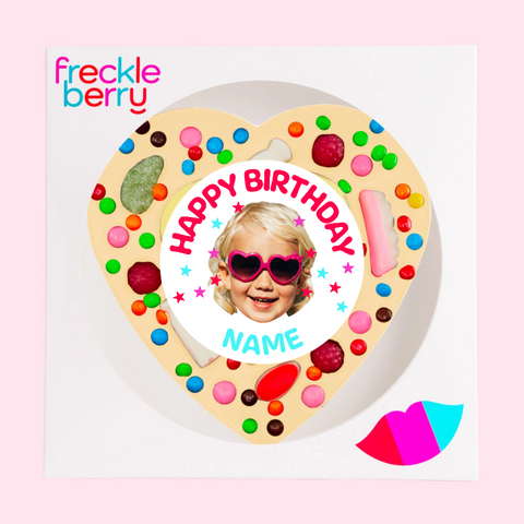 Premiujm Belgian white chocolate heart topped with lollies, customised with a photo and name for the perfect birthday celebration.