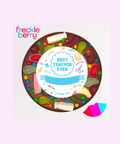 Giant Belgian chocolate lolly pizza (available in 3 variants - dark, milk or white) loaded with lollies, customised with “Best Teacher Ever + Name” design/label for a special gift.