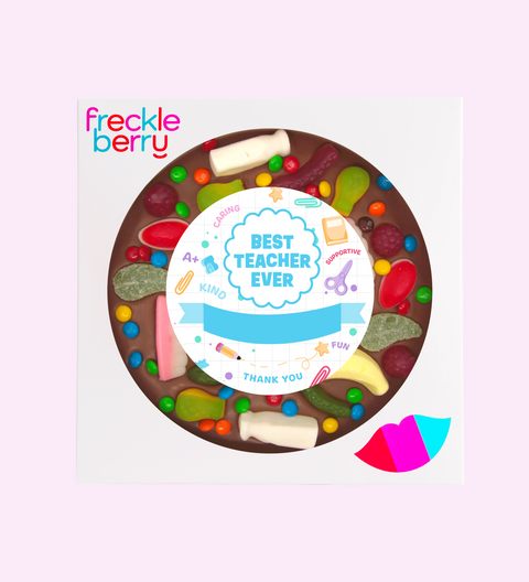 Giant Belgian chocolate lolly pizza (available in 3 variants - dark, milk or white) loaded with lollies, customised with “Best Teacher Ever + Name” design/label for a special gift.