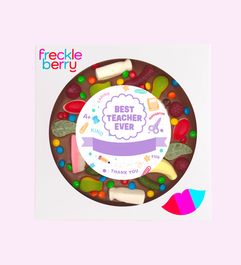 Giant Belgian chocolate lolly pizza (available in 3 variants - dark, milk or white) loaded with lollies, customised with “Best Teacher Ever + Name” design/label for a special gift.