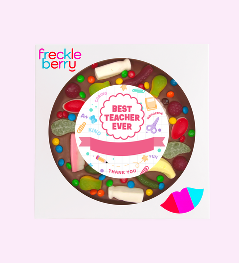 Giant Belgian chocolate lolly pizza (available in 3 variants - dark, milk or white) loaded with lollies, customised with “Best Teacher Ever + Name” design/label for a special gift.
