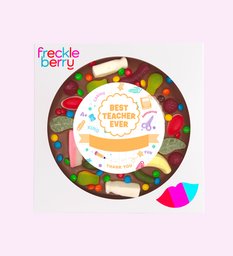 Giant Belgian chocolate lolly pizza (available in 3 variants - dark, milk or white) loaded with lollies, customised with “Best Teacher Ever + Name” design/label for a special gift.