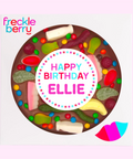 Premium Belgian chocolate pizza (available in 3 variants - dark, milk or white) topped with colourful lollies, customised with a name for the perfect celebration.