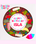 Premium Belgian chocolate pizza (available in 3 variants - dark, milk or white) topped with colourful lollies, customised with a name for the perfect celebration.